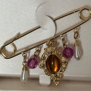 Safety Pin Brooch with 5 Charms- Gold tone